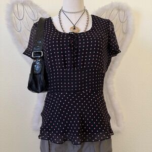 Girly Grunge polka dot peasant blouse women black pink Bow short Ruffle sleeve